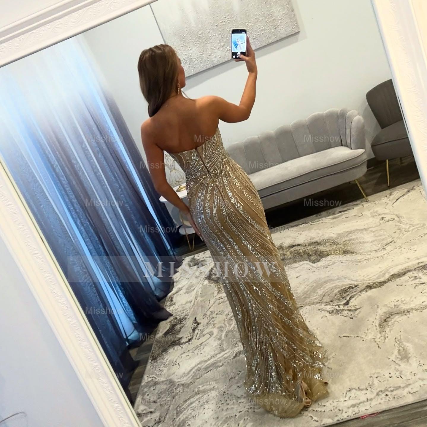 Gorgeous Long Mermaid Gold V-neck Sleeveless Prom Dress with Slit and Beads