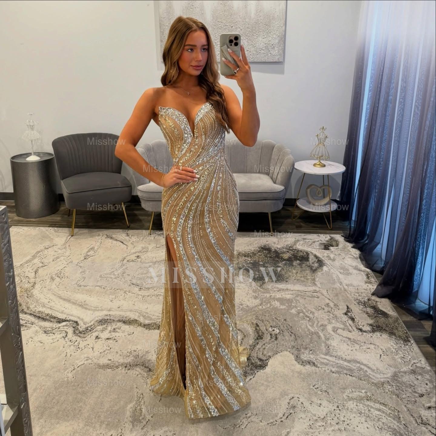 Gorgeous Long Mermaid Gold V-neck Sleeveless Prom Dress with Slit and Beads