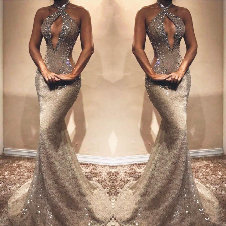 Gorgeous Long Mermaid Sexy Lace Sequined Sleeveless Prom Dress