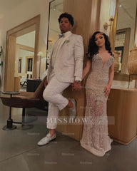 Gorgeous Long Mermaid Silver Strapless Lace Prom Dress with Rhinestones