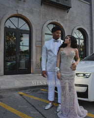 Gorgeous Long Mermaid Silver Strapless Lace Prom Dress with Rhinestones