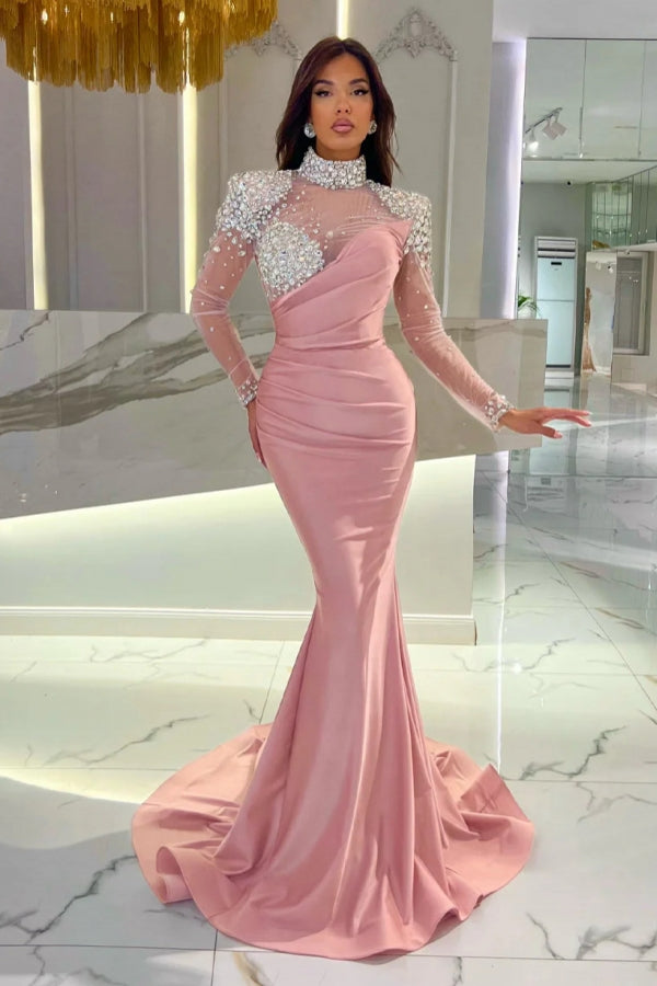 Gorgeous Long Orange Mermaid High Neck Prom Evening Dresses with Long Sleeves
