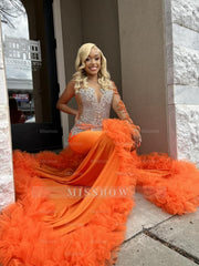 Gorgeous Long Orange Mermaid Long Sleeve Lace Prom Dress with Slit
