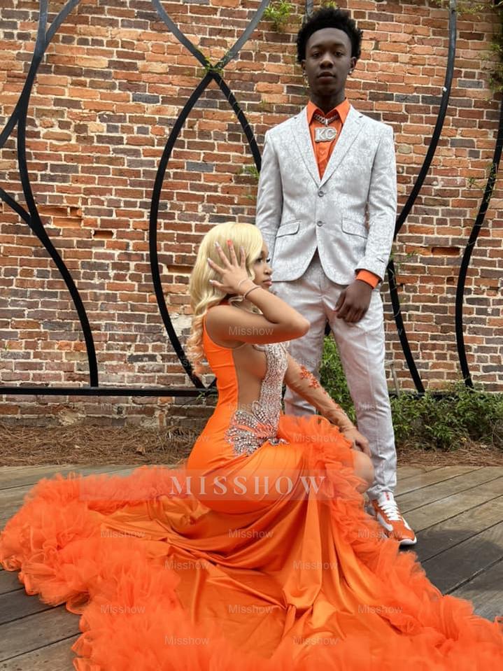 Gorgeous Long Orange Mermaid Long Sleeve Lace Prom Dress with Slit
