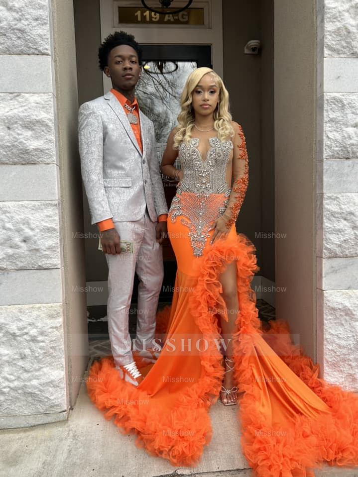 Gorgeous Long Orange Mermaid Long Sleeve Lace Prom Dress with Slit