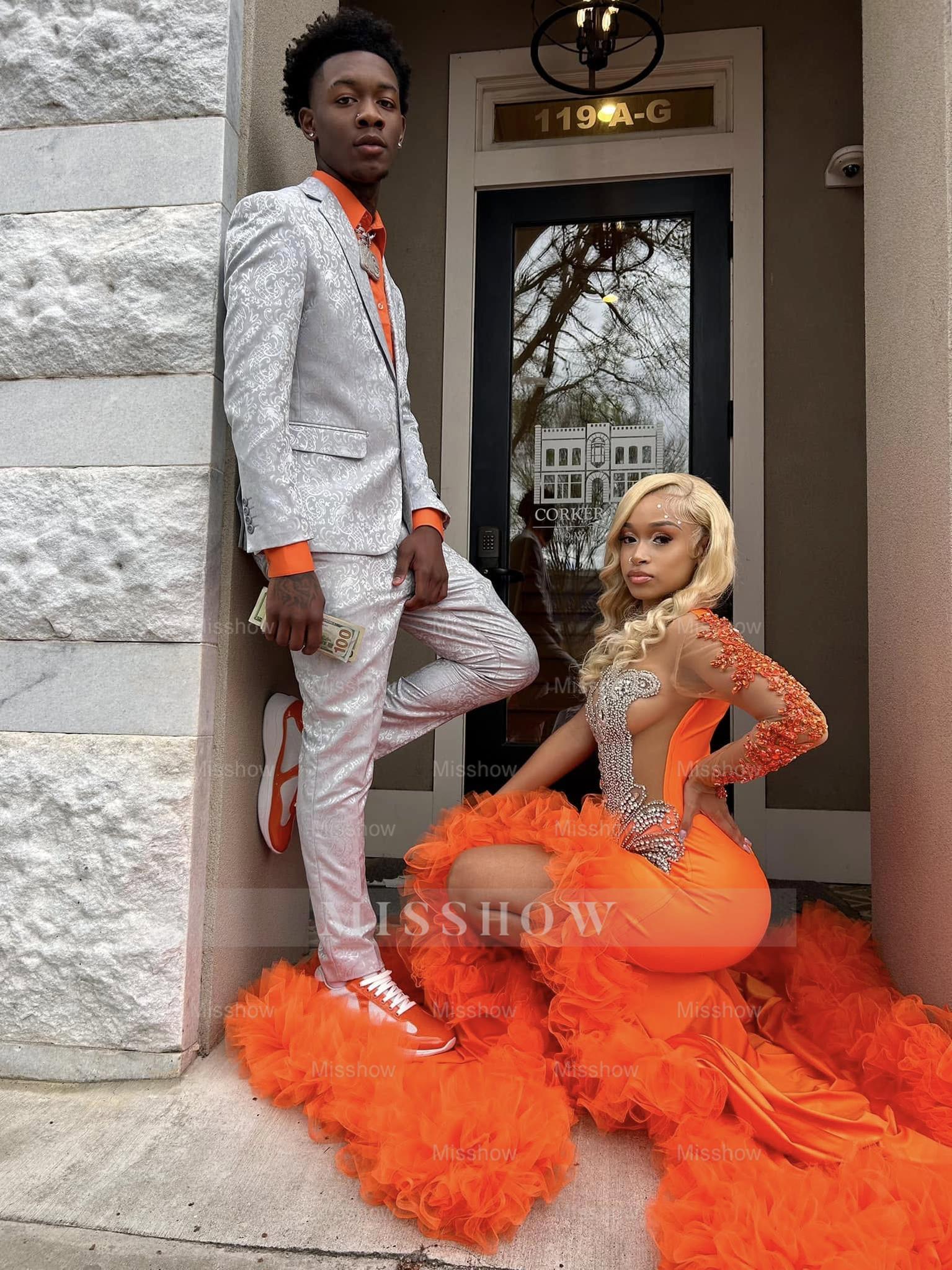 Gorgeous Long Orange Mermaid Long Sleeve Lace Prom Dress with Slit