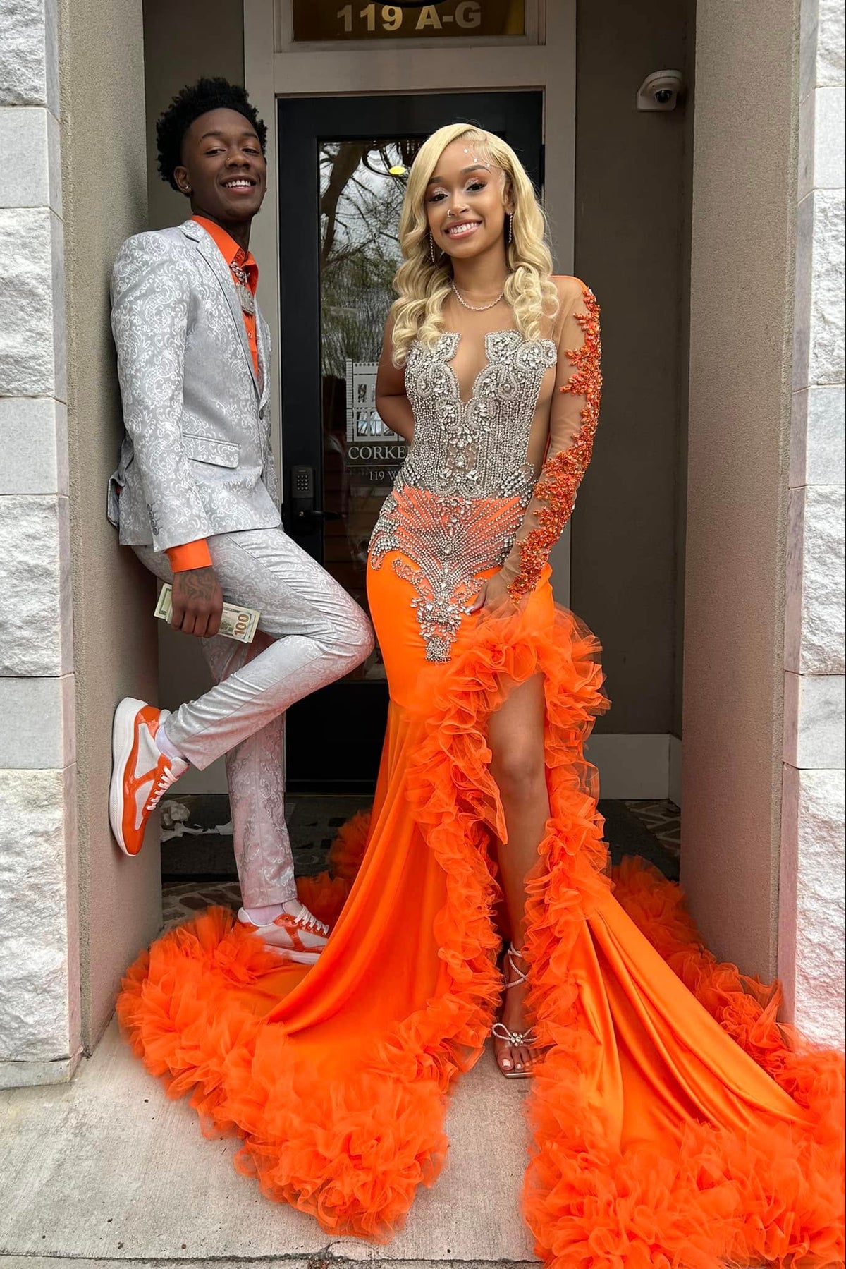 Gorgeous Long Orange Mermaid Long Sleeve Lace Prom Dress with Slit