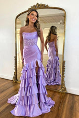 Gorgeous Long Purple Strapless Beaded Prom Dress with Slit