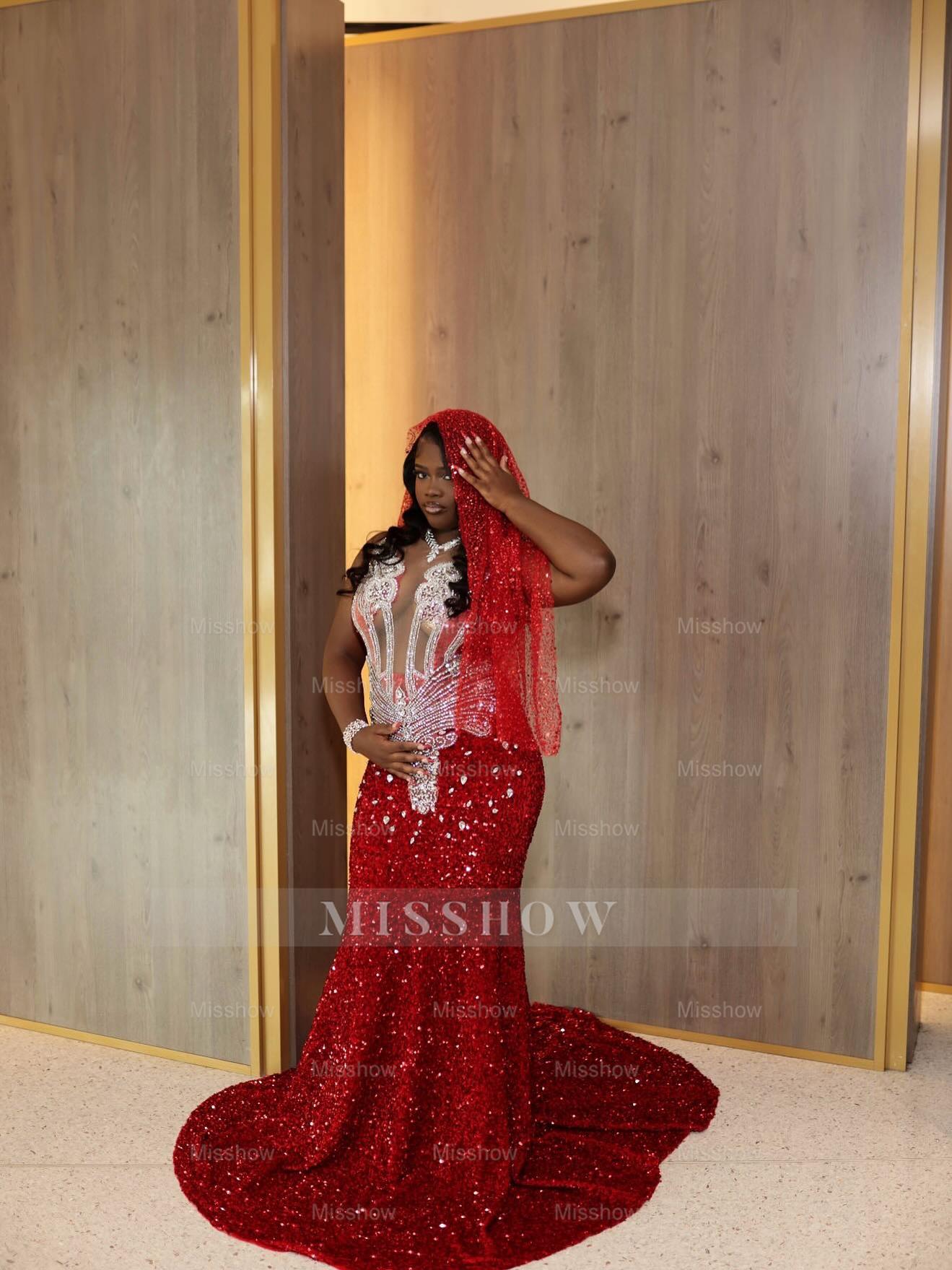 Gorgeous Long Red Mermaid Sequined Sleeveless Prom Dress with Veil