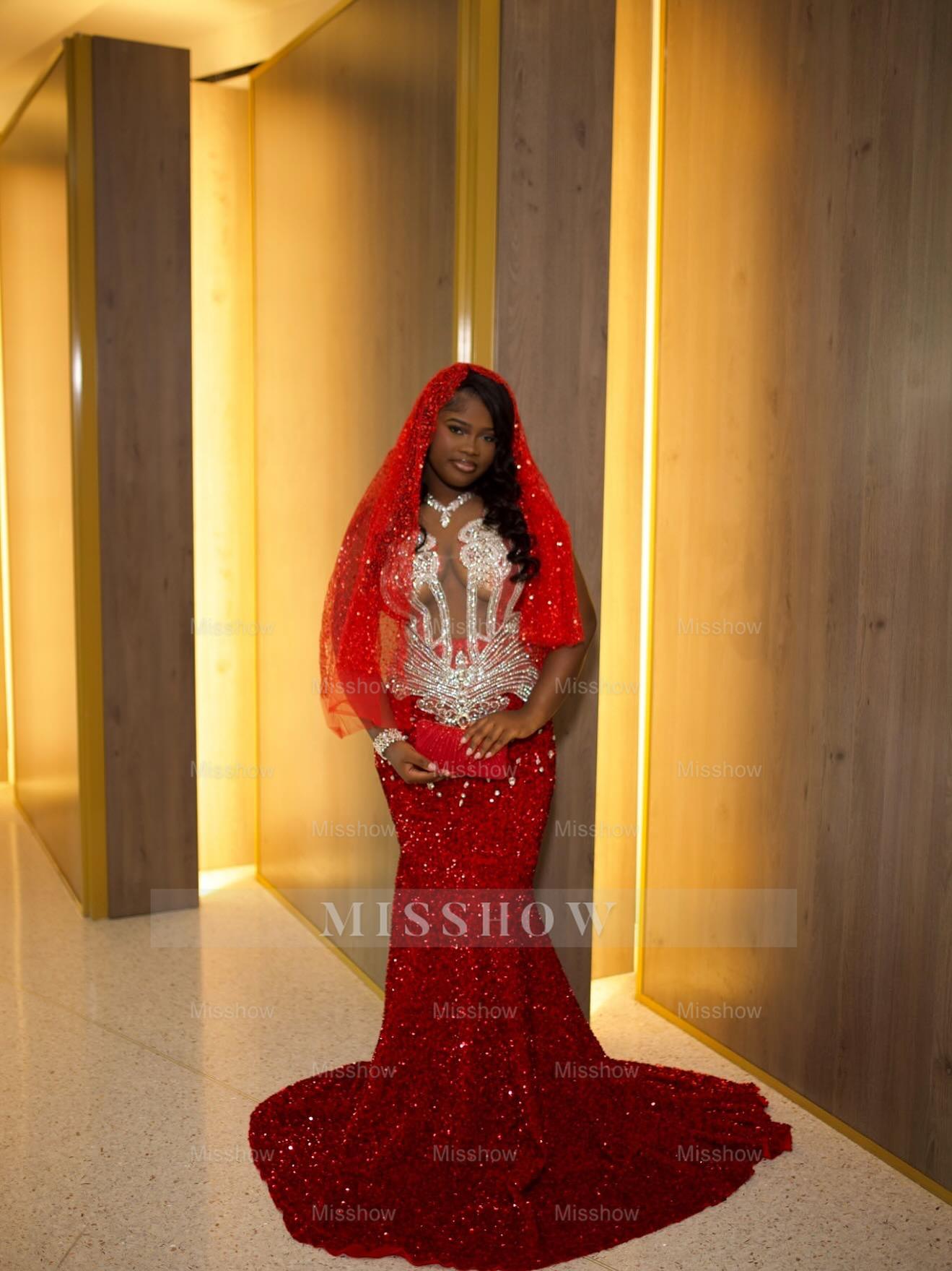 Gorgeous Long Red Mermaid Sequined Sleeveless Prom Dress with Veil