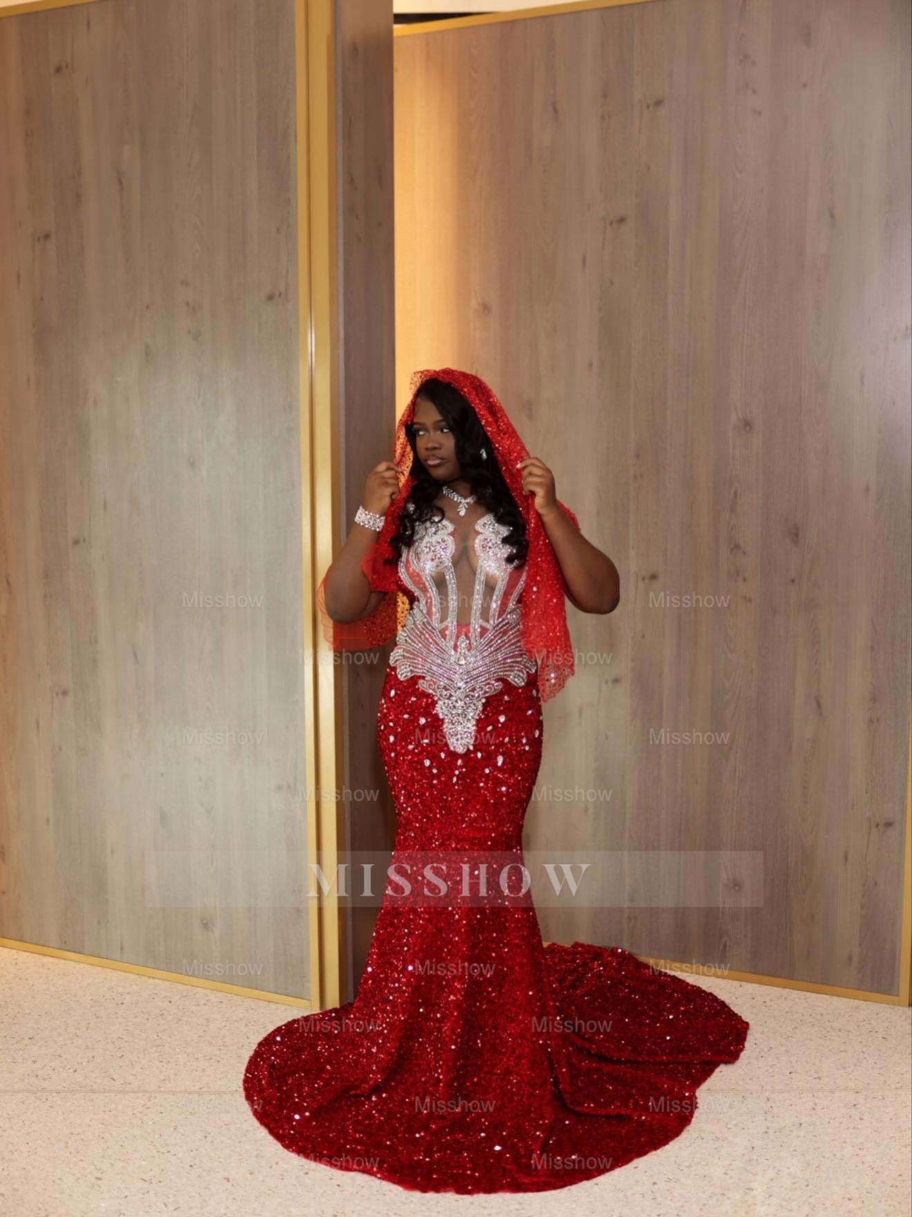 Gorgeous Long Red Mermaid Sequined Sleeveless Prom Dress with Veil