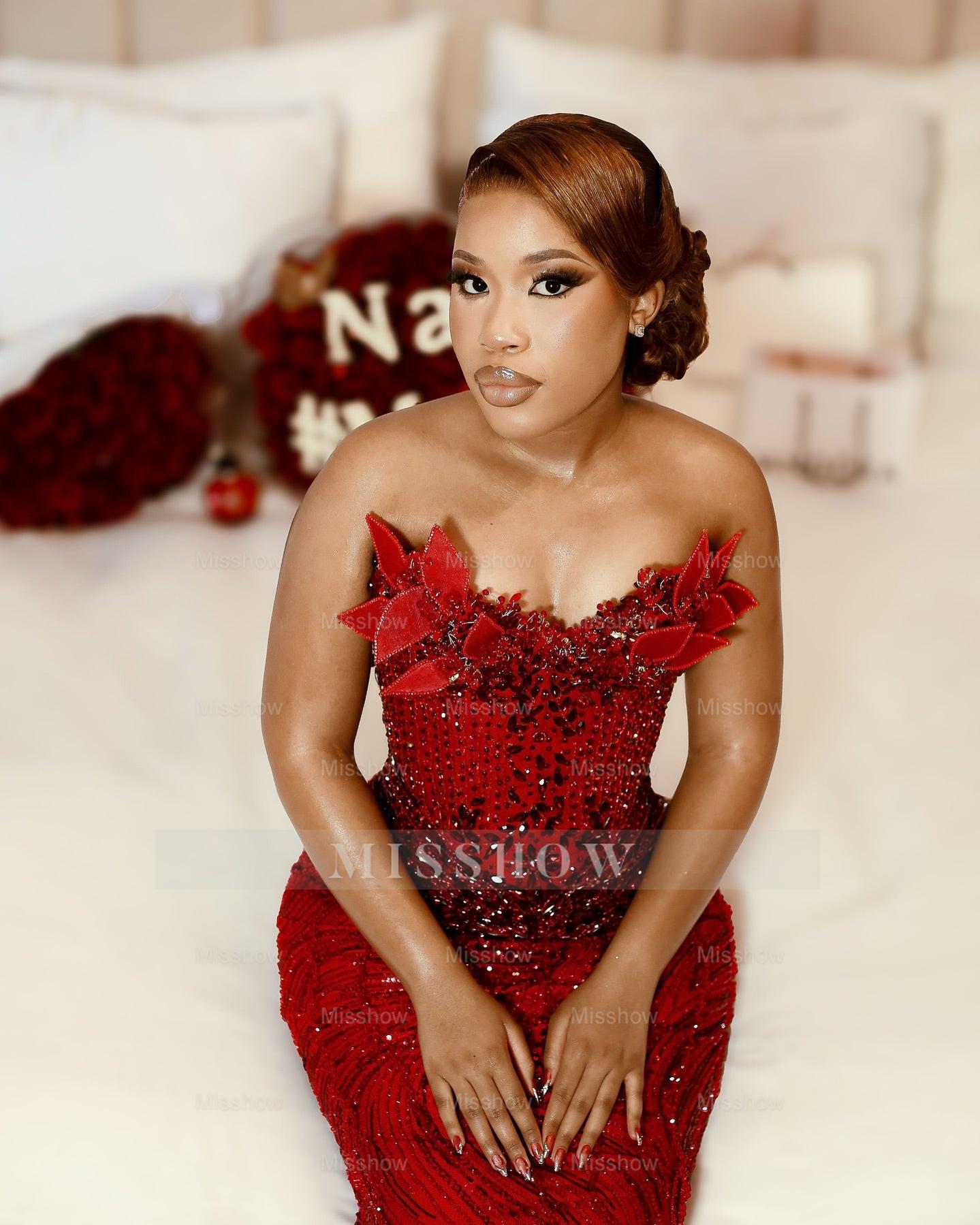 Gorgeous Long Red Mermaid Strapless Beaded Sleeveless Prom Dress