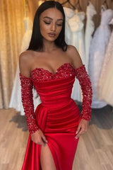Gorgeous Long Red Mermaid Sweetheart Sequined Beading Long Sleeves Prom Evening Dresses with Slit