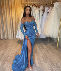 Gorgeous Long Red Mermaid Sweetheart Sequined Beading Long Sleeves Prom Evening Dresses with Slit