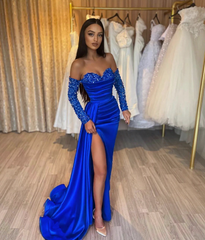 Gorgeous Long Red Mermaid Sweetheart Sequined Beading Long Sleeves Prom Evening Dresses with Slit