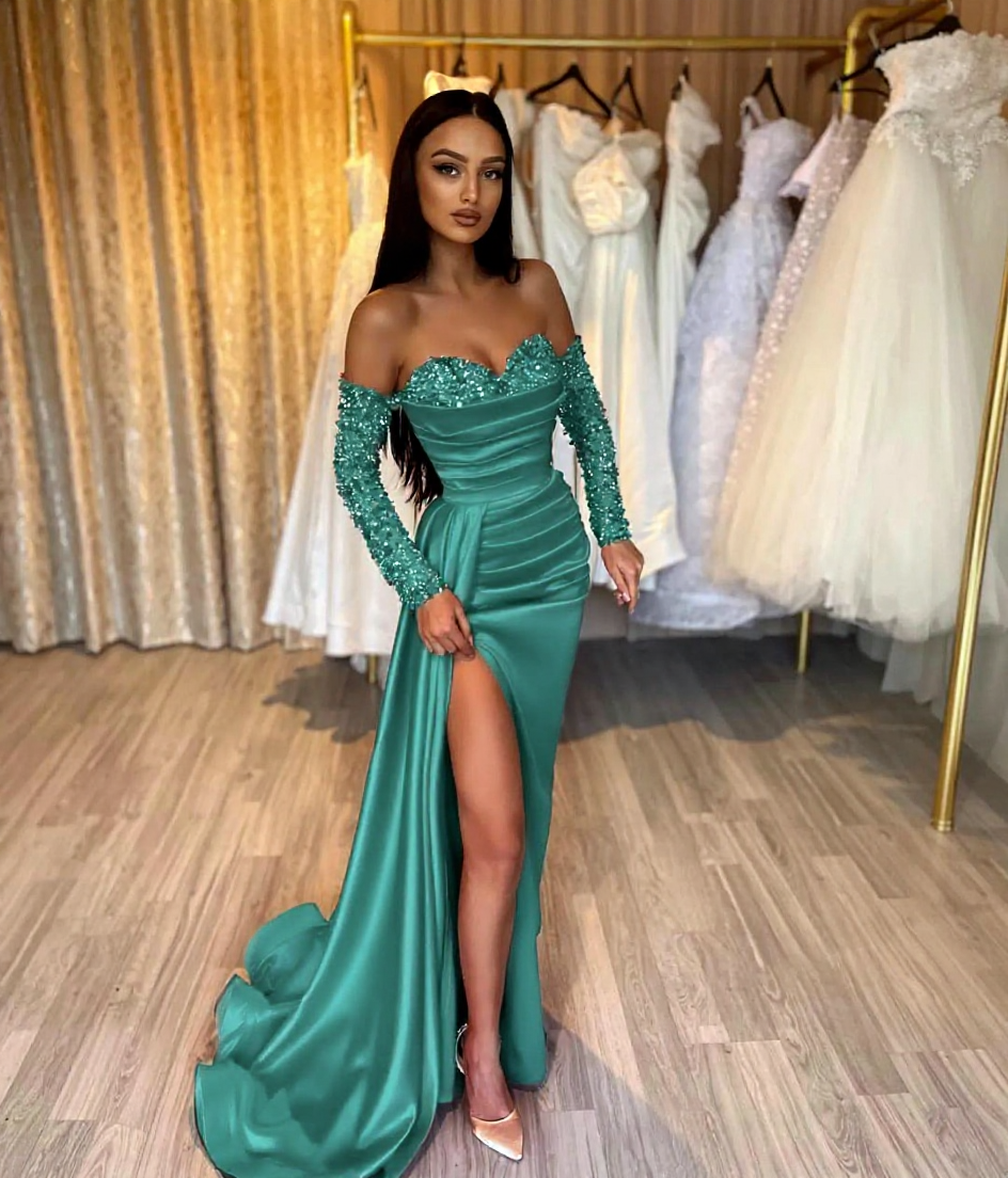 Gorgeous Long Red Mermaid Sweetheart Sequined Beading Long Sleeves Prom Evening Dresses with Slit