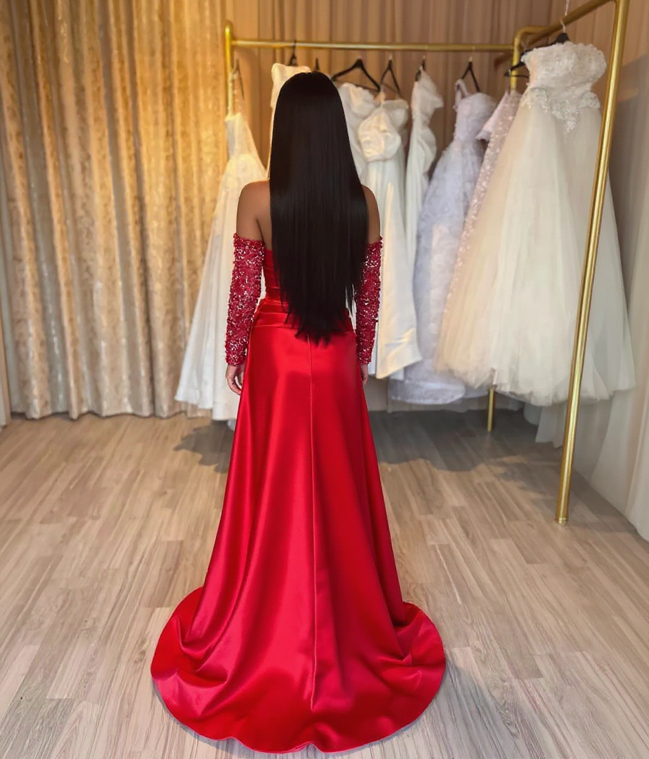 Gorgeous Long Red Mermaid Sweetheart Sequined Beading Long Sleeves Prom Evening Dresses with Slit