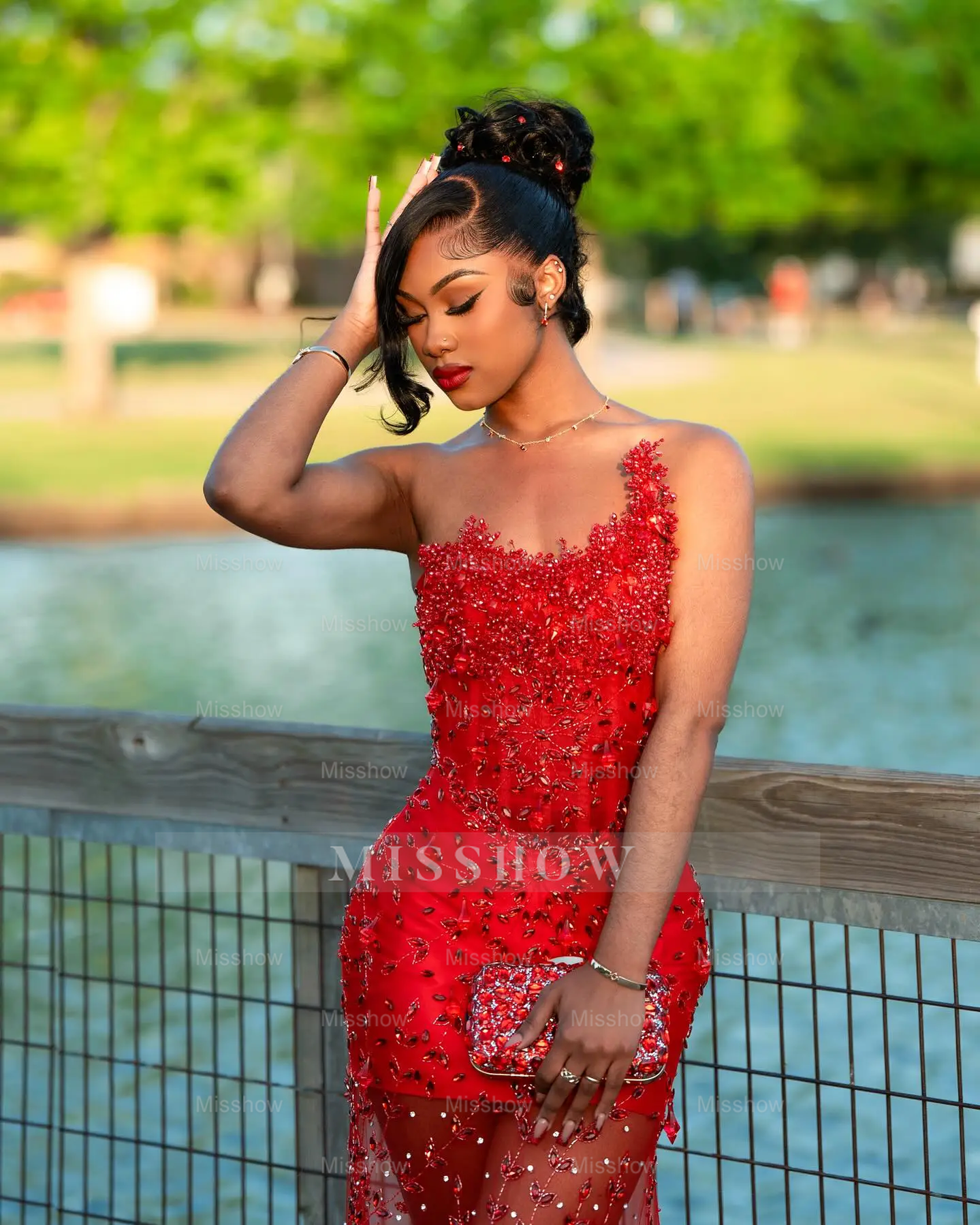 Gorgeous Long Red Sheer Beaded Strapless Mermaid Prom Dress with Rhinestones Gorgeous Long Red Sheer Beaded Strapless Mermaid Prom Dress with Rhinestones