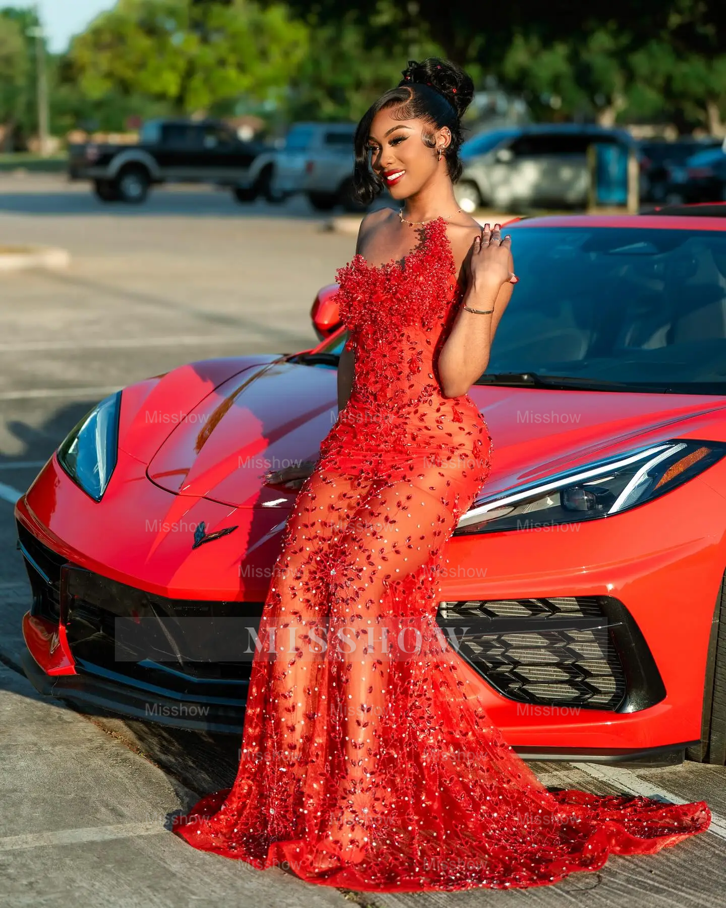 Gorgeous Long Red Sheer Beaded Strapless Mermaid Prom Dress with Rhinestones