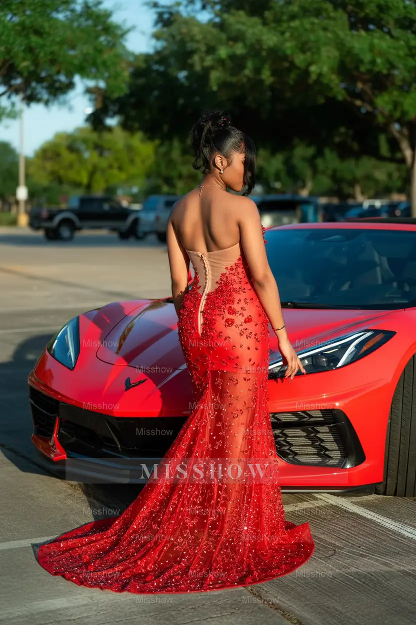 red sheer prom dress Sheer Corset Long Satin Prom Dress: Ladivine CD343 Red / 2