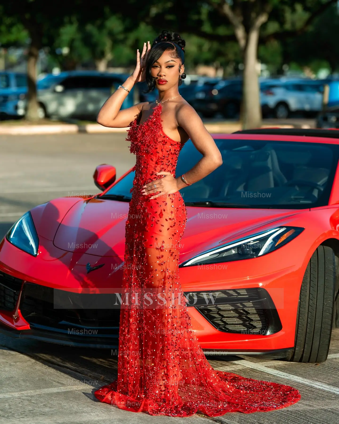 Gorgeous Long Red Sheer Beaded Strapless Mermaid Prom Dress with Rhinestones