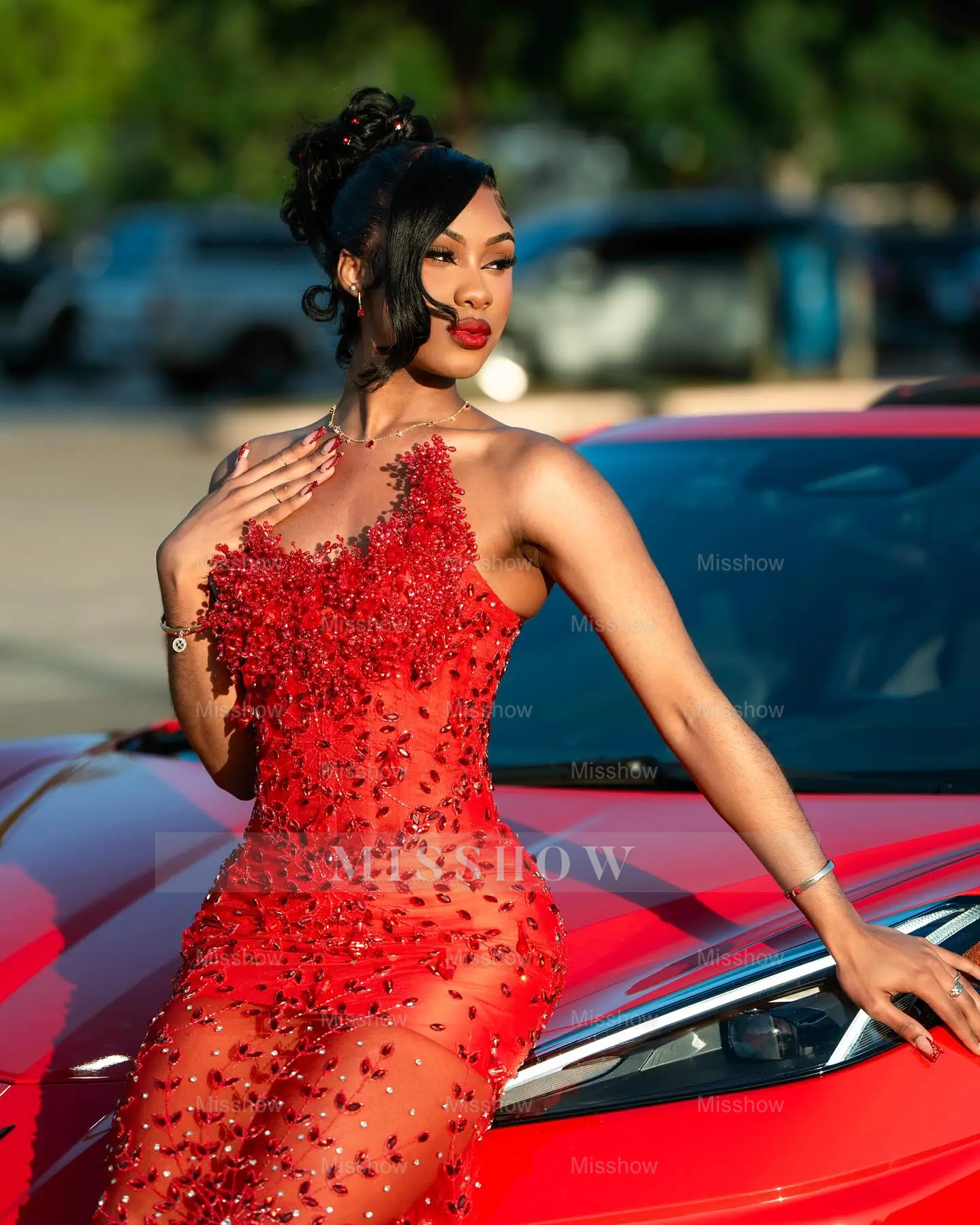 Gorgeous Long Red Sheer Beaded Strapless Mermaid Prom Dress with Rhinestones