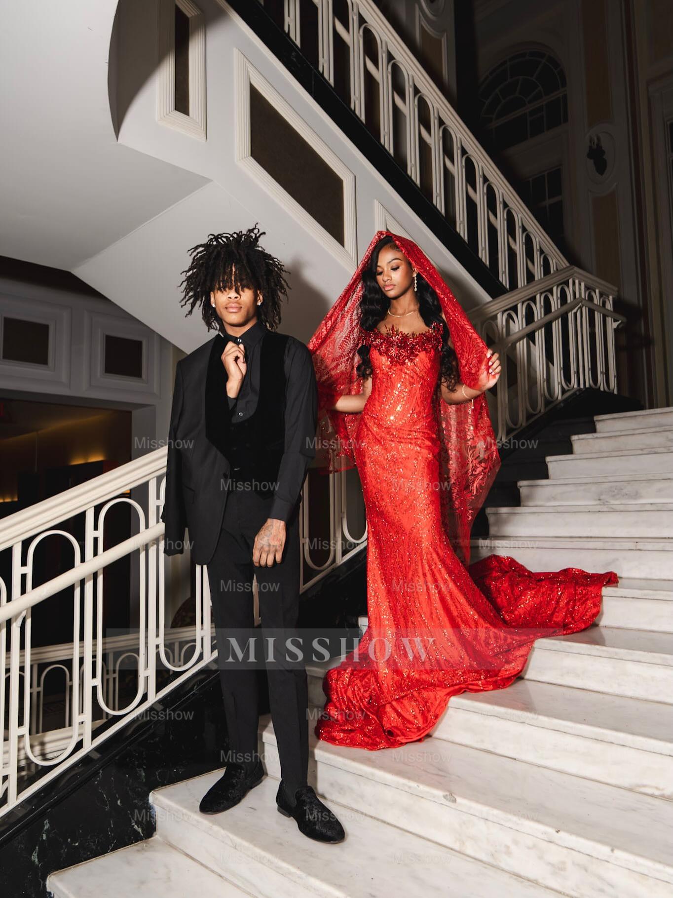 Gorgeous Long Red Strapless Beaded Mermaid Prom Dress with Veil