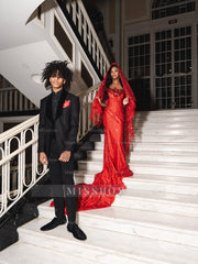 Gorgeous Long Red Strapless Beaded Mermaid Prom Dress with Veil