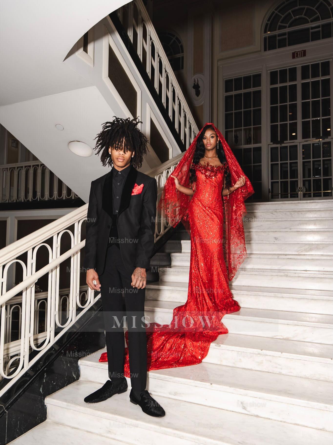Gorgeous Long Red Strapless Beaded Mermaid Prom Dress with Veil