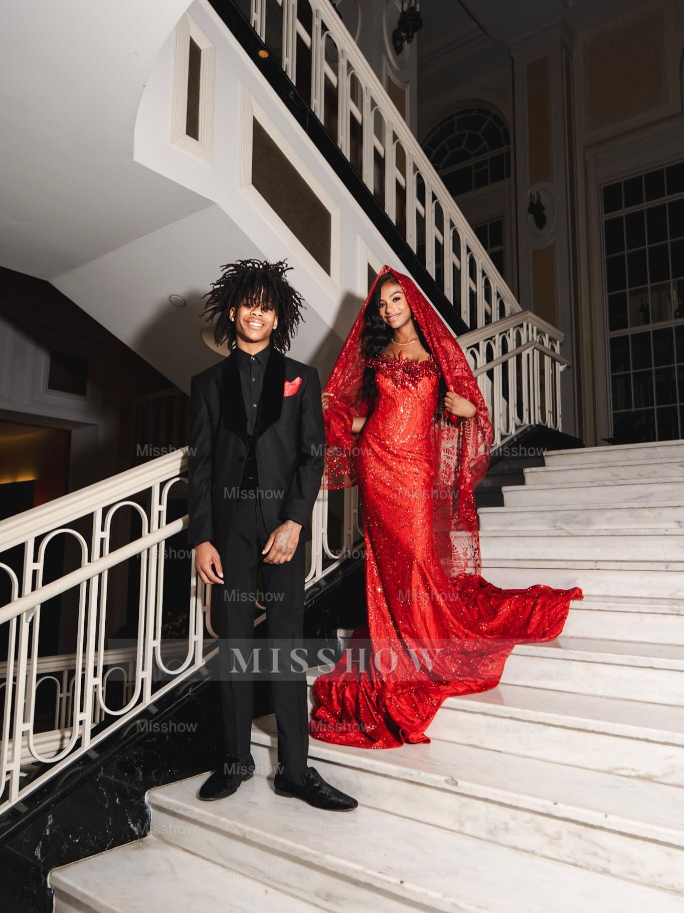 Gorgeous Long Red Strapless Beaded Mermaid Prom Dress with Veil