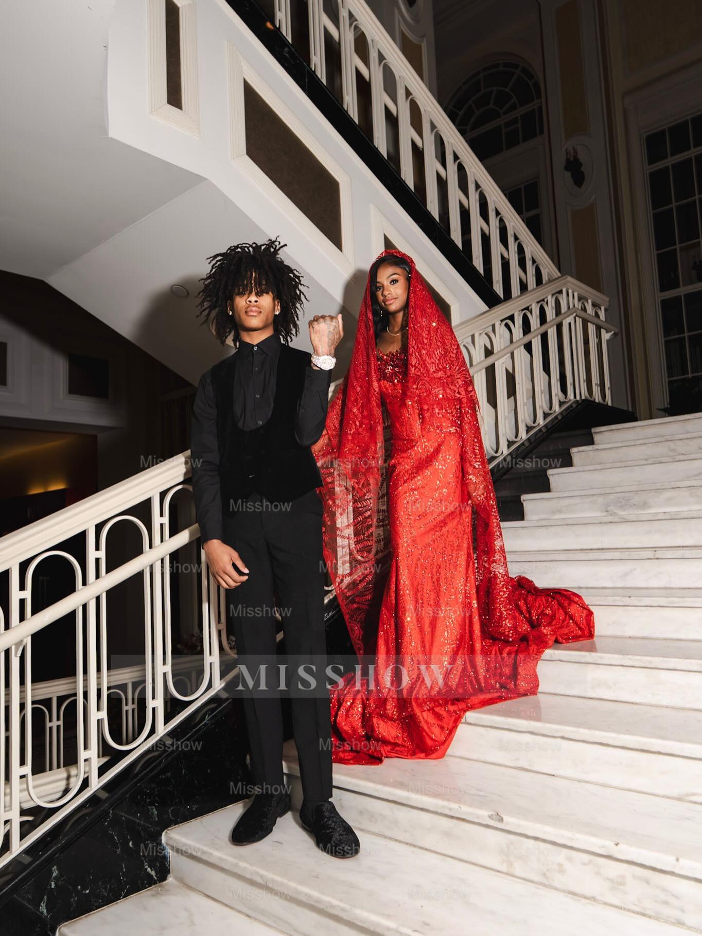 Gorgeous Long Red Strapless Beaded Mermaid Prom Dress with Veil