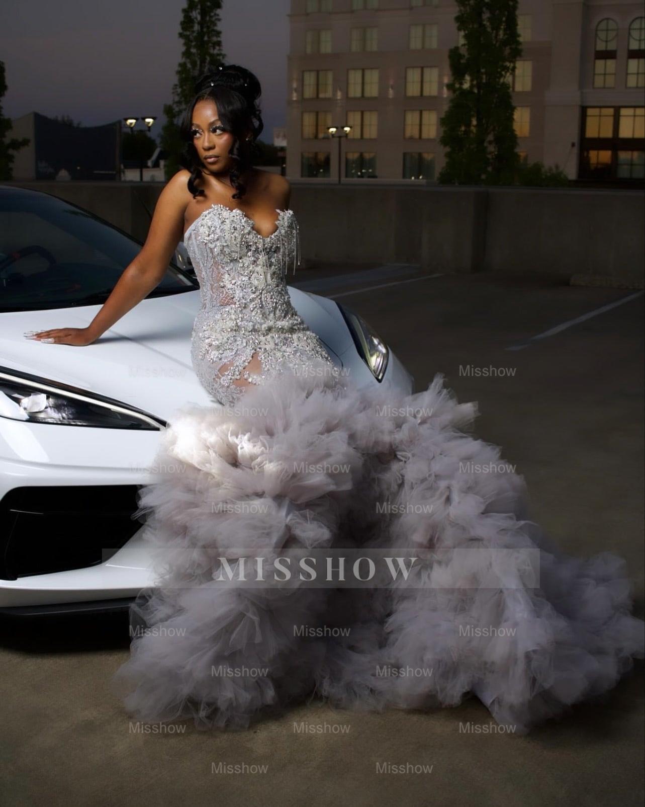 Gorgeous Long Silver Mermaid Beaded Diamond Prom Dress with Ruffles