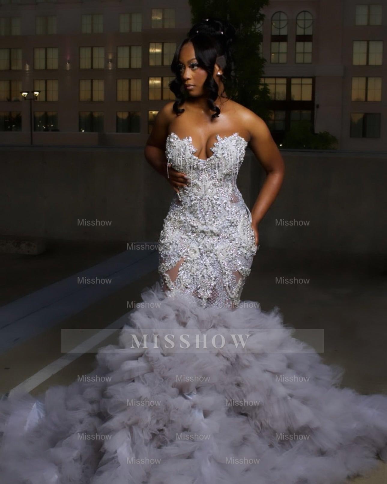 Gorgeous Long Silver Mermaid Beaded Diamond Prom Dress with Ruffles