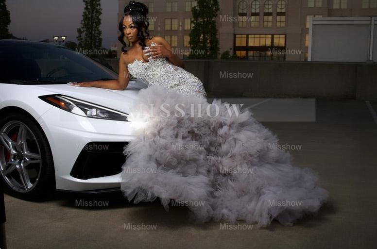 Gorgeous Long Silver Mermaid Beaded Diamond Prom Dress with Ruffles