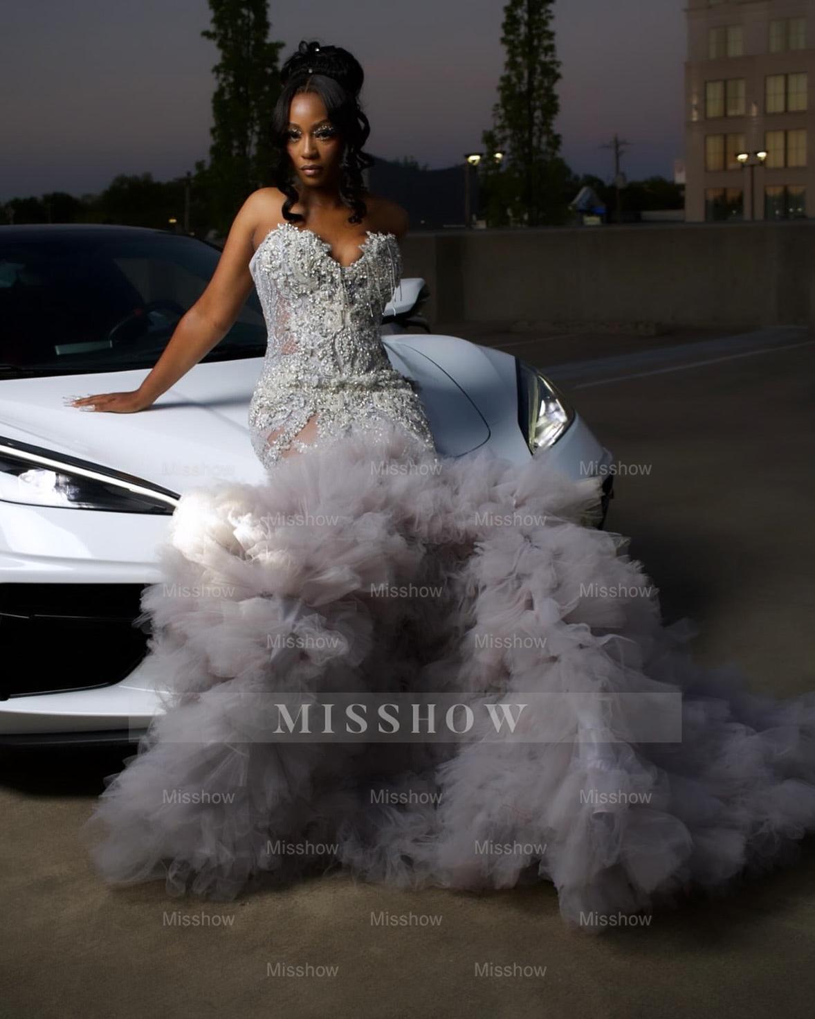 Steel grey strapless ruffled mermaid prom dress