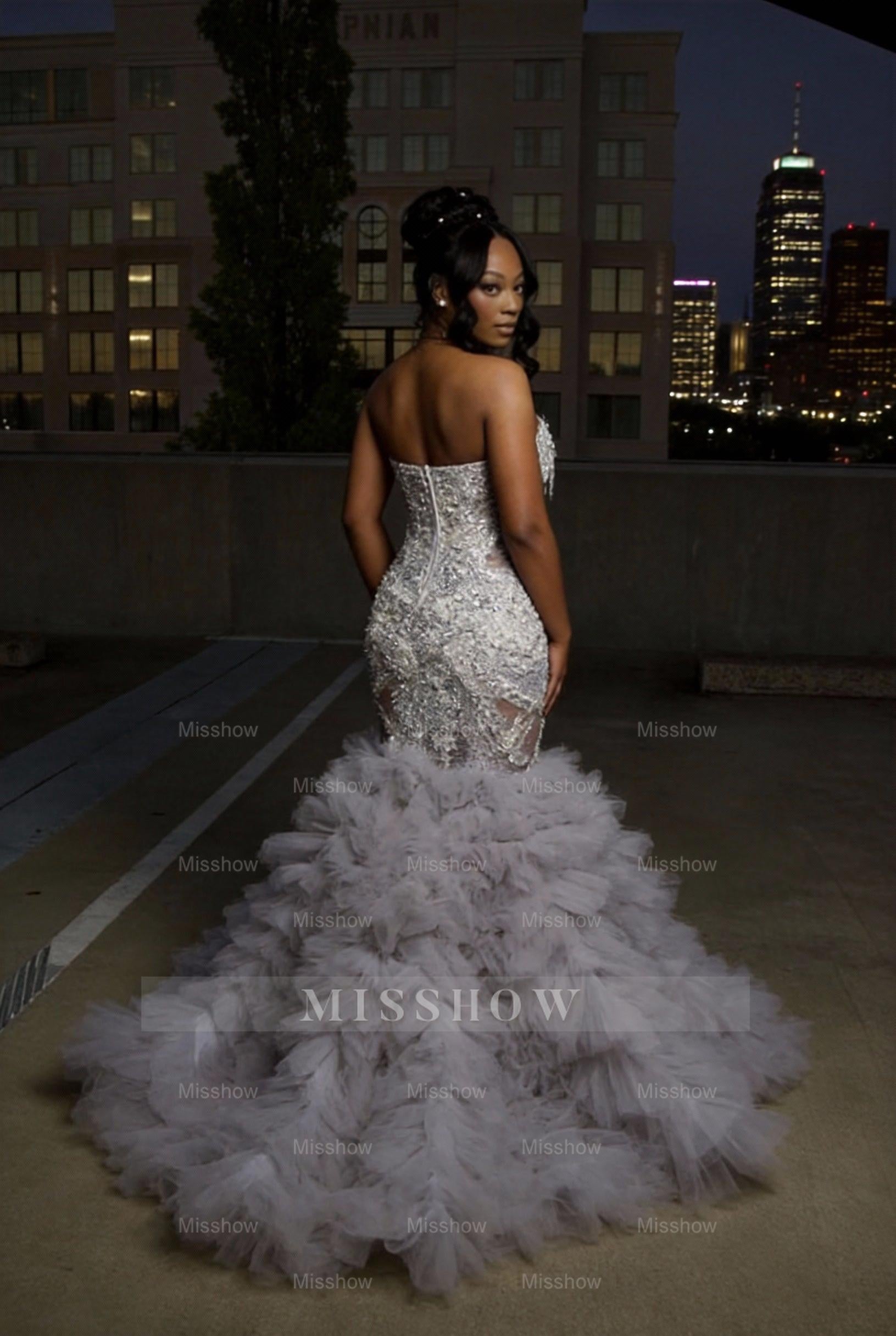 Steel grey strapless ruffled mermaid prom dress