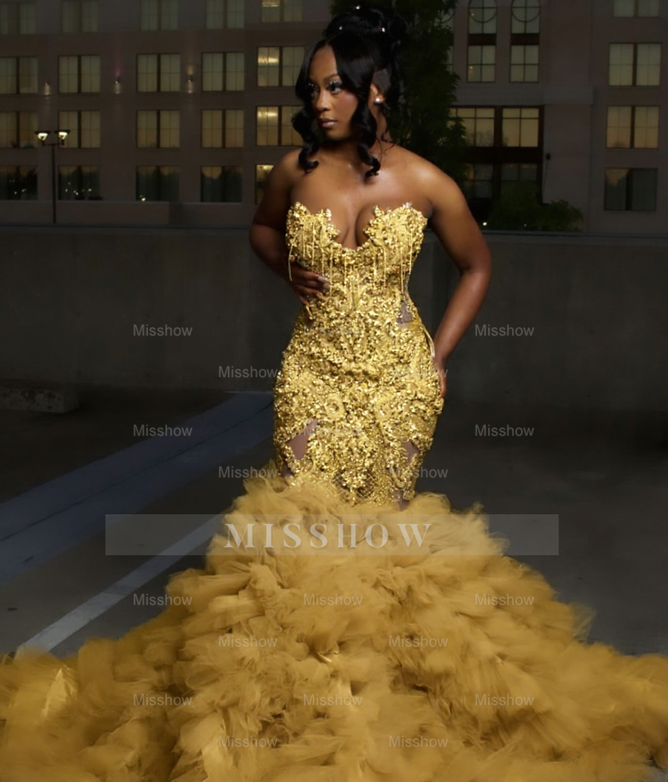 Gold strapless ruffled mermaid prom dress