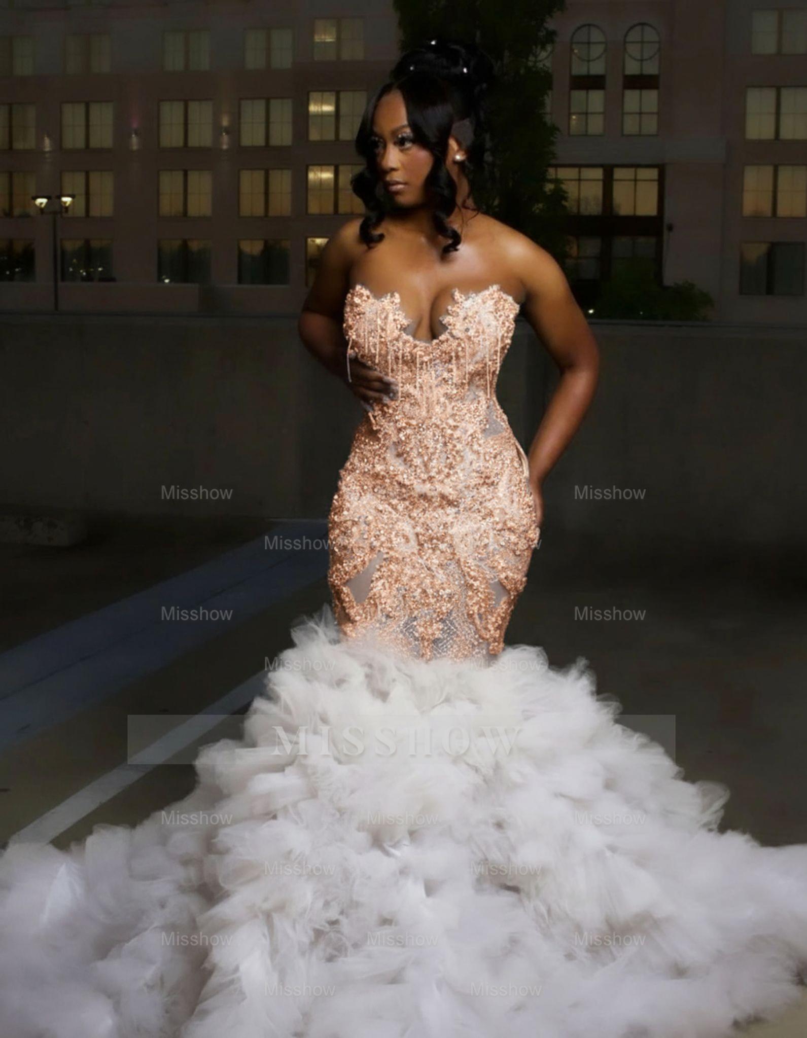 Rose gold strapless ruffled mermaid prom dress