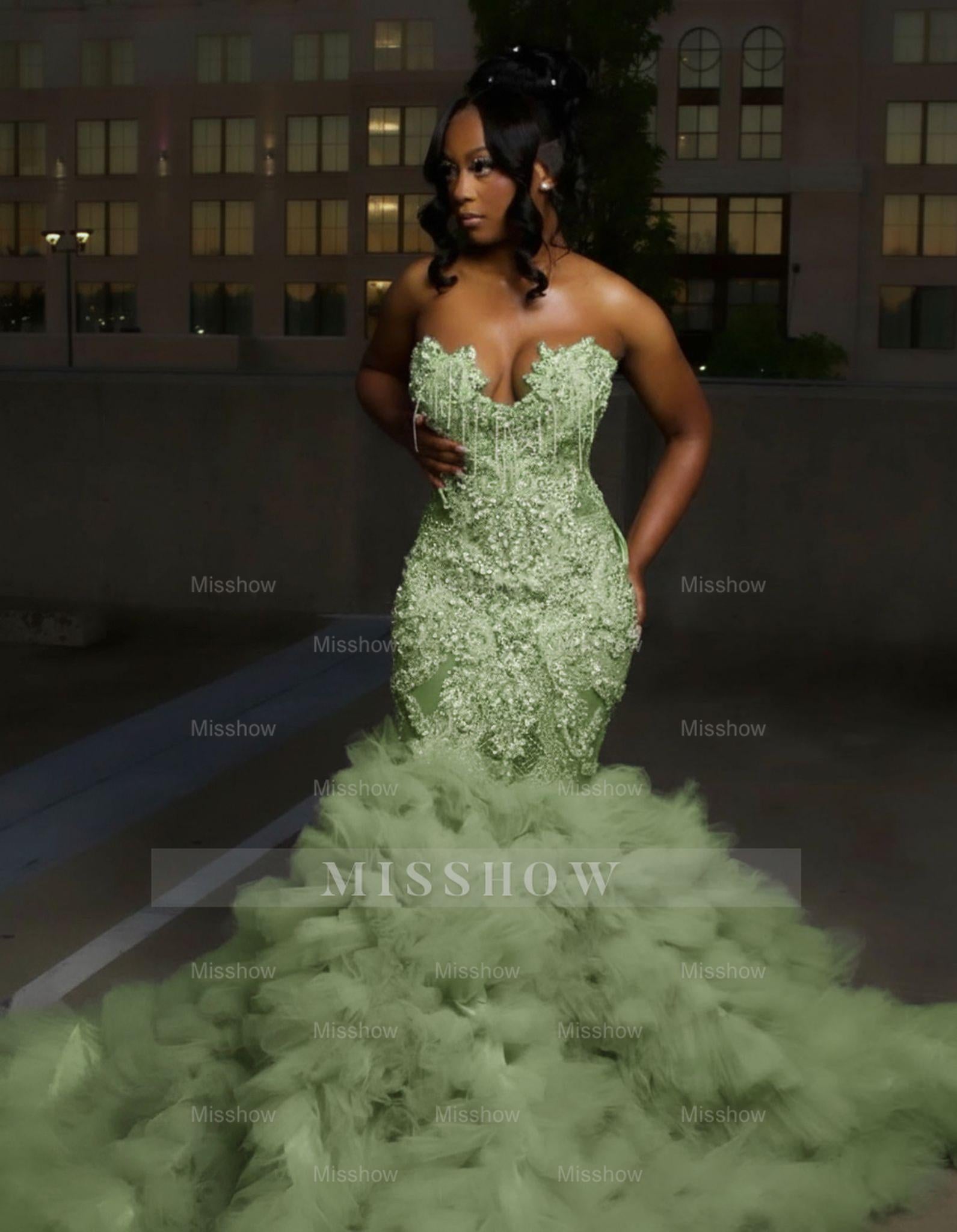 Sage strapless ruffled mermaid prom dress