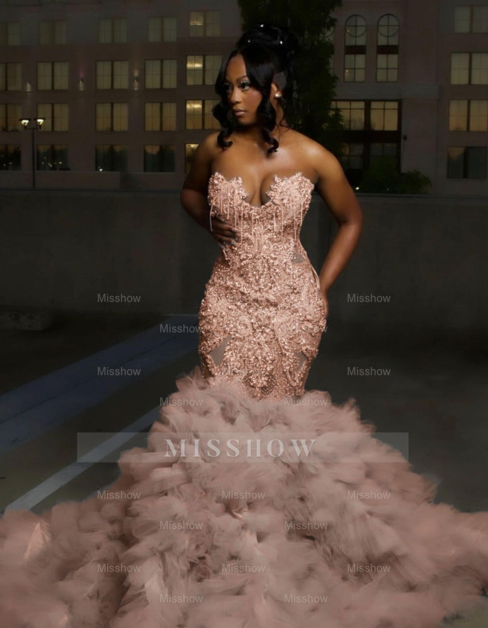 Rose gold strapless ruffled mermaid prom dress