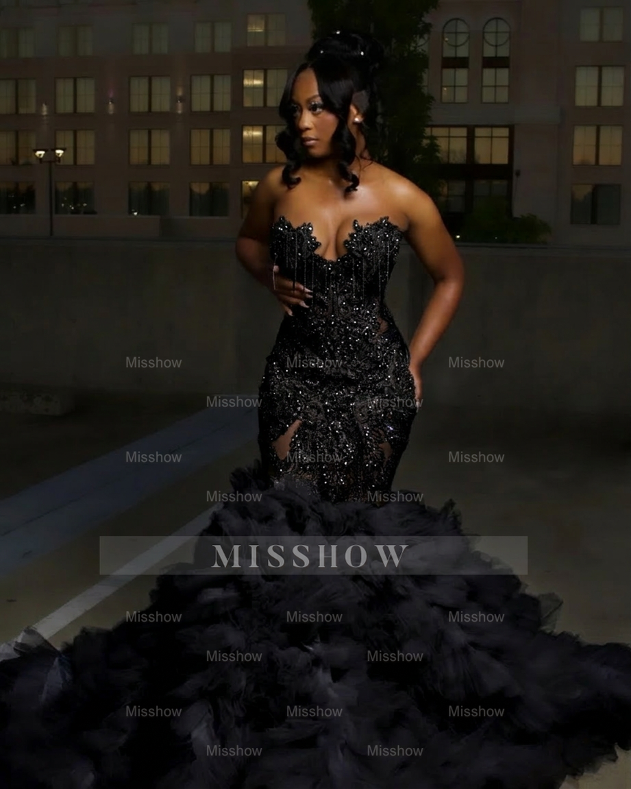 Black strapless ruffled mermaid prom dress