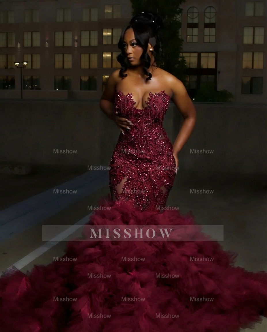 Burgundy strapless ruffled mermaid prom dress