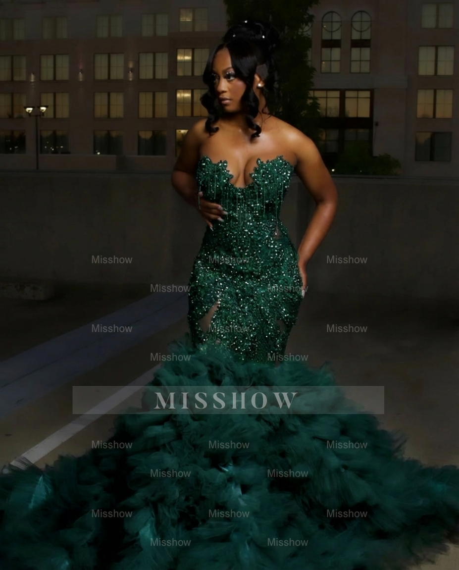 Dark green strapless ruffled mermaid prom dress