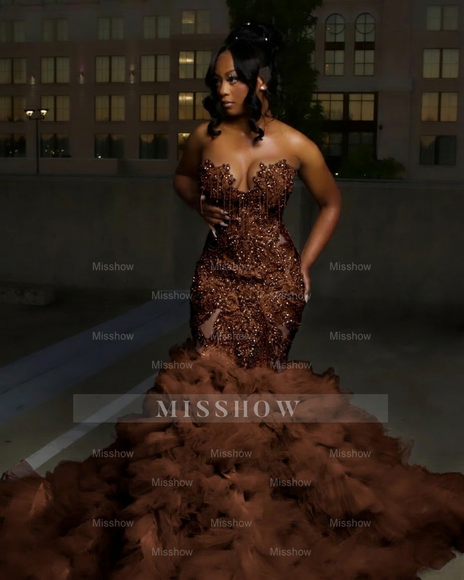 Chocolate strapless ruffled mermaid prom dress