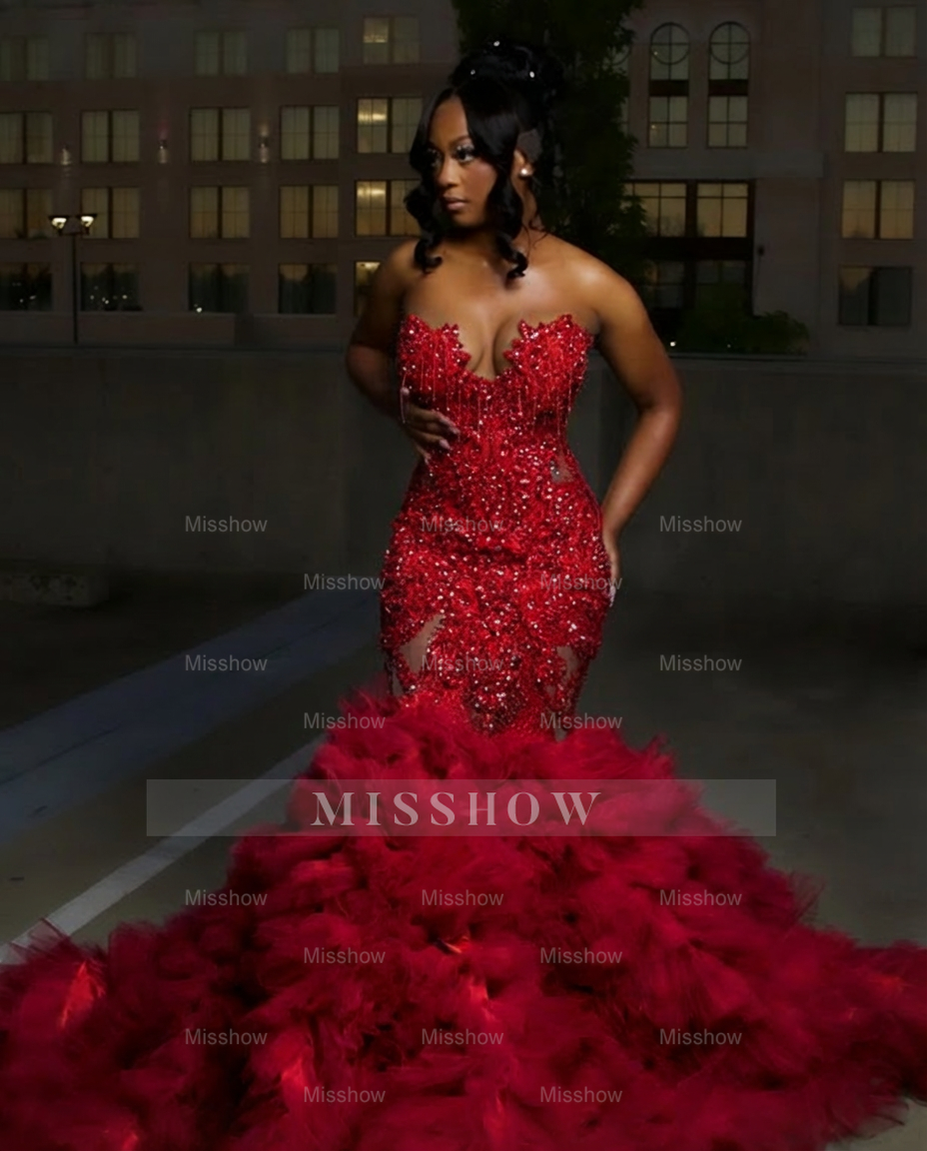 Red strapless ruffled mermaid prom dress