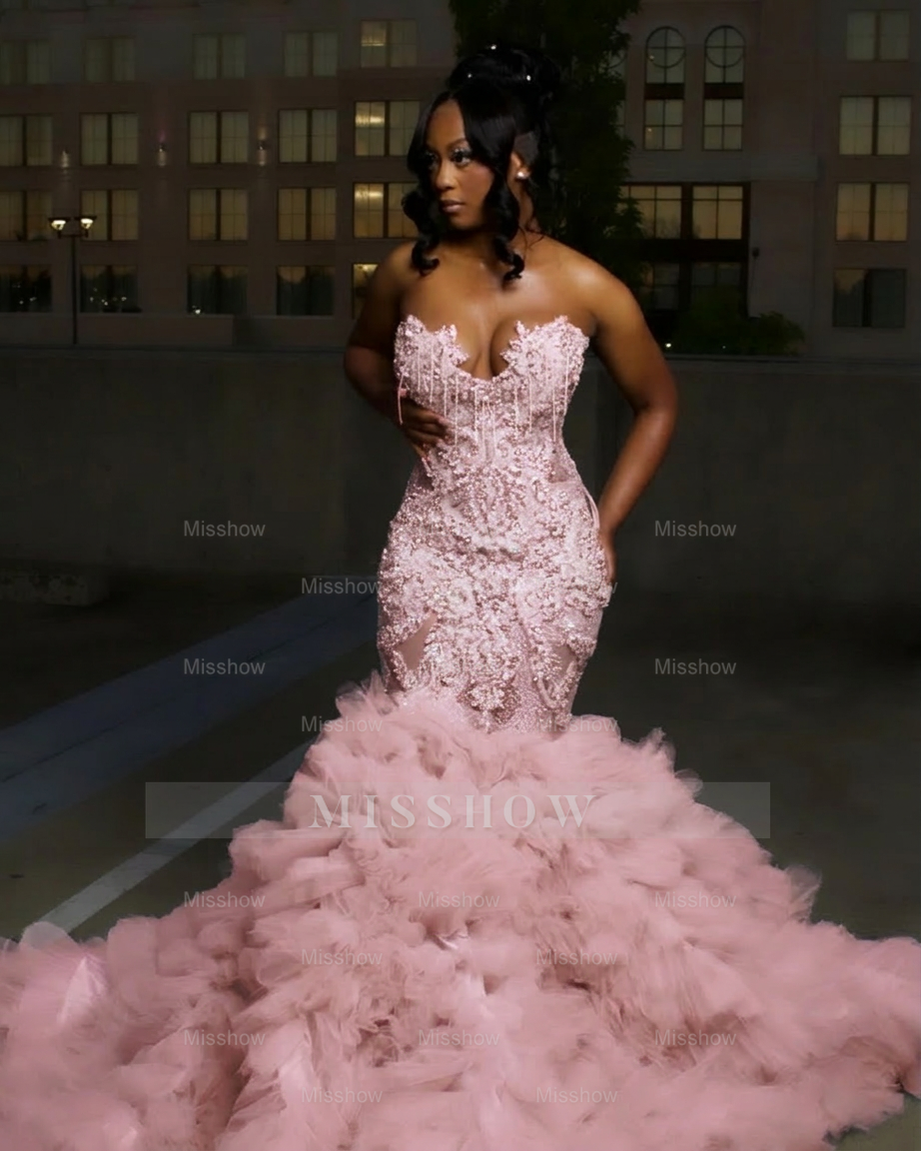 Pink strapless ruffled mermaid prom dress