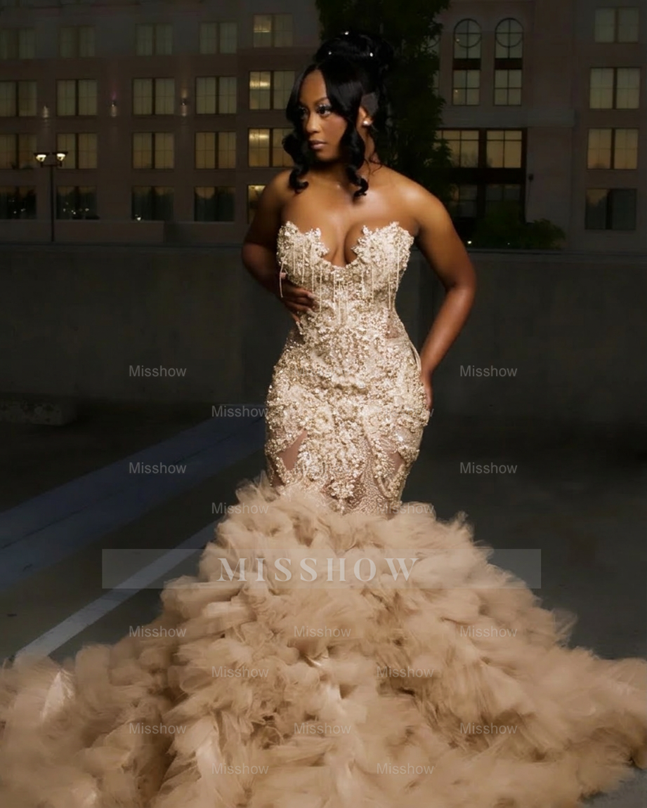 Taupe strapless ruffled mermaid prom dress