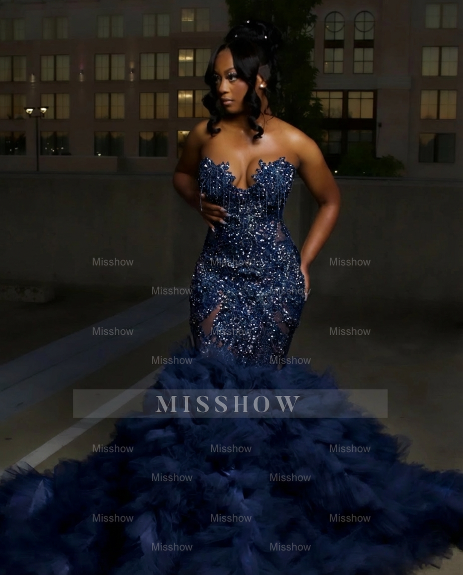 Dark navy strapless ruffled mermaid prom dress