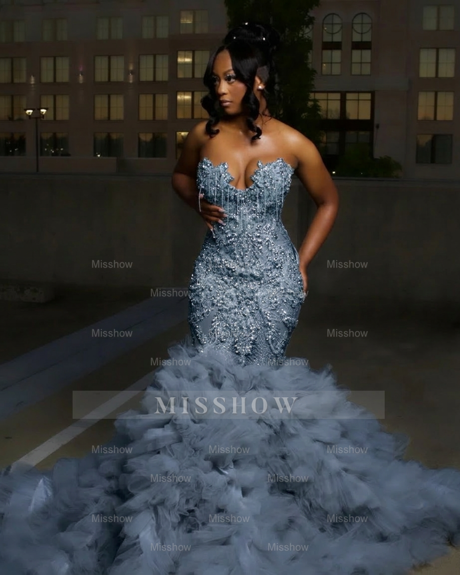 Dusty blue strapless ruffled mermaid prom dress