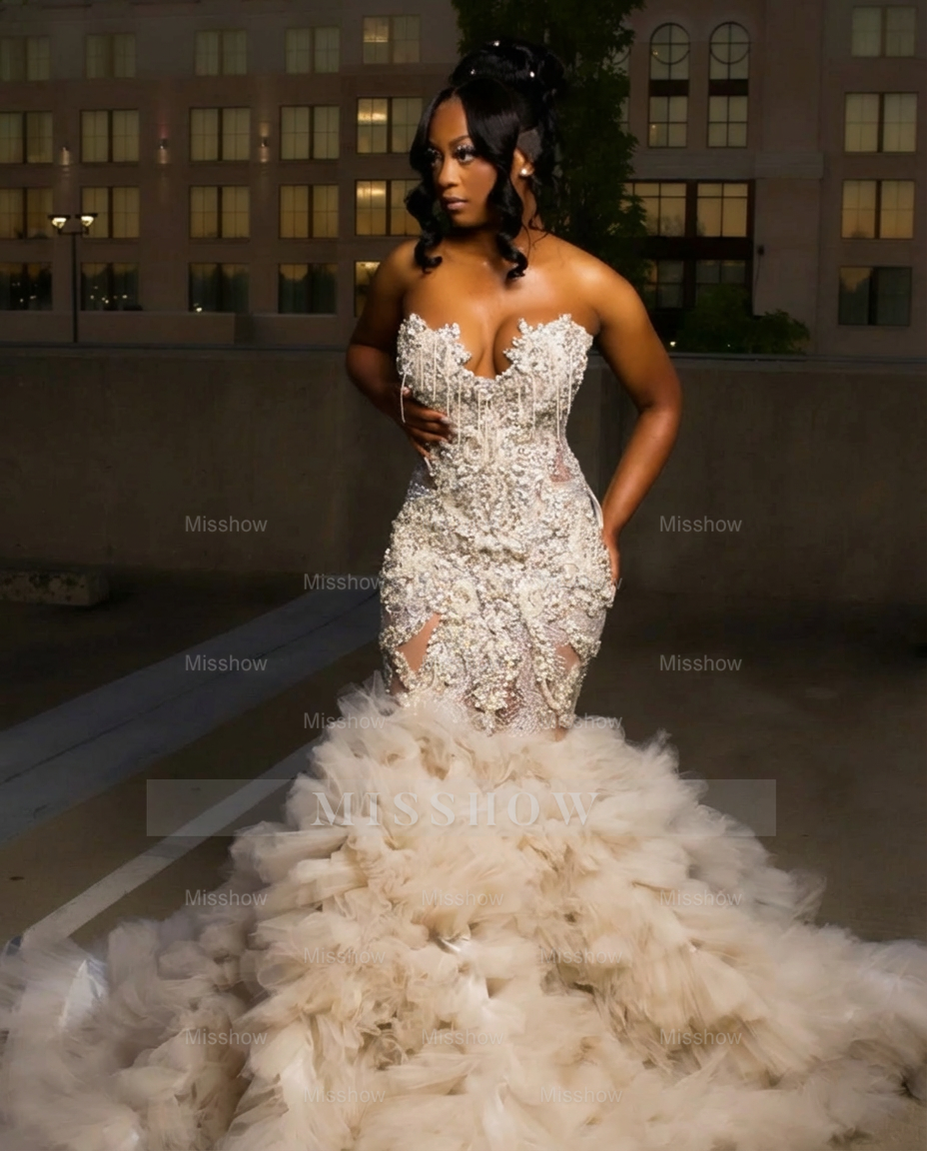 Champagne strapless ruffled mermaid prom dress